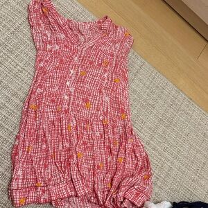 Poupette St Barths Size L Red and White Patterned Dress with Yellow Accents